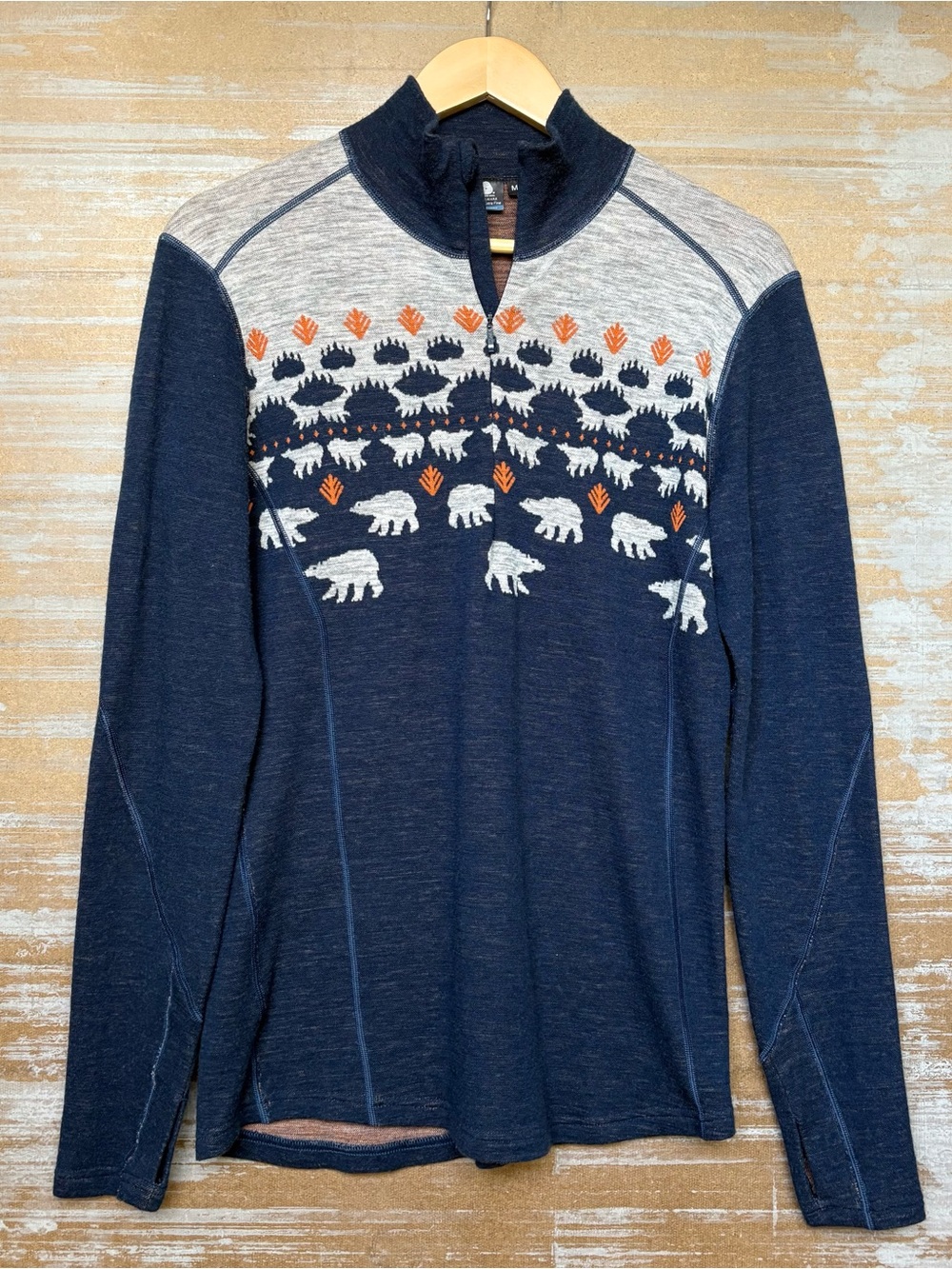 Moods of Norway 100% Wool Quarter Zip Sweater Fair Isle Bear Preppy Mens M